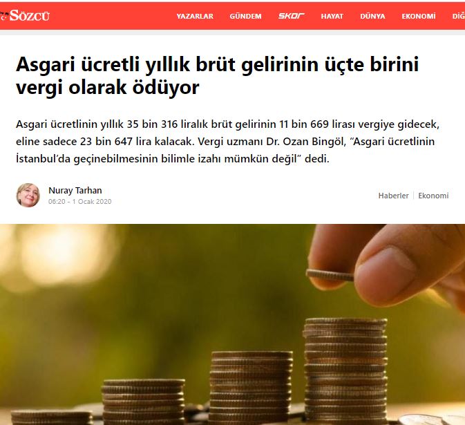 SÖZCÜ GAZATESİ 1 ARALIK 2020 ASGARİ ÜCRETLİ YILLIK BÜRÜT GELİRİNİN ÜÇTE BİRİNİ VERGİ OLARAK ÖDÜYOR