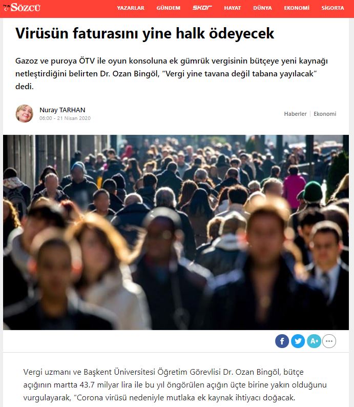 virüsün faturasını yine halk ödeyecek sözcü gazetisi ozan bingöl 21 nisan 2020