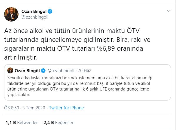 OZAN BİNGÖL SİGARA ALKOL TEMMUZ 2020 6.89 ARTMIŞ