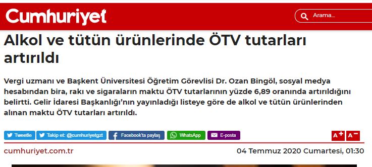 SİGARA VE ALKOLLÜ İÇECEKLER ÖTV TUTARLARI ARTIRILDI TEMMUZ 2020 Cumhuriyet gazetesi