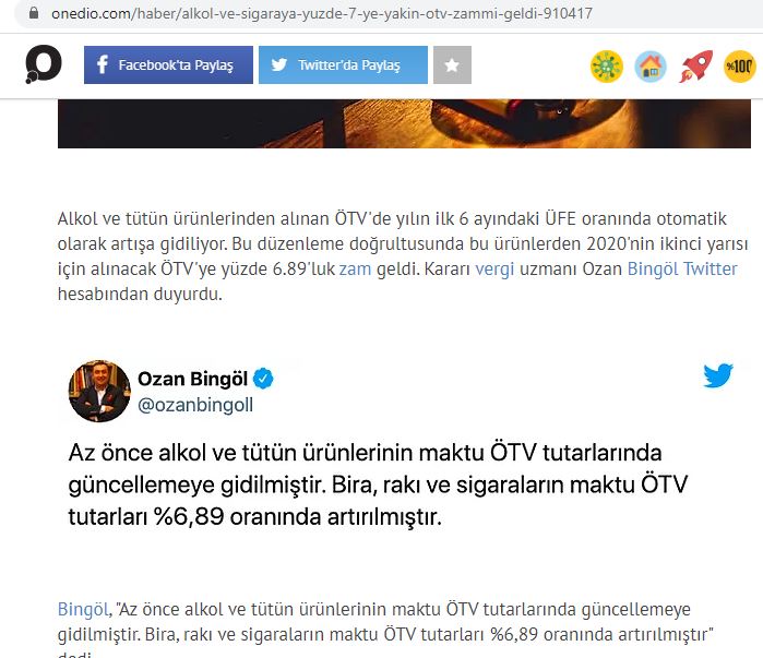 SİGARA VE ALKOLLÜ İÇECEKLER ÖTV TUTARLARI ARTIRILDI TEMMUZ 2020 onedio