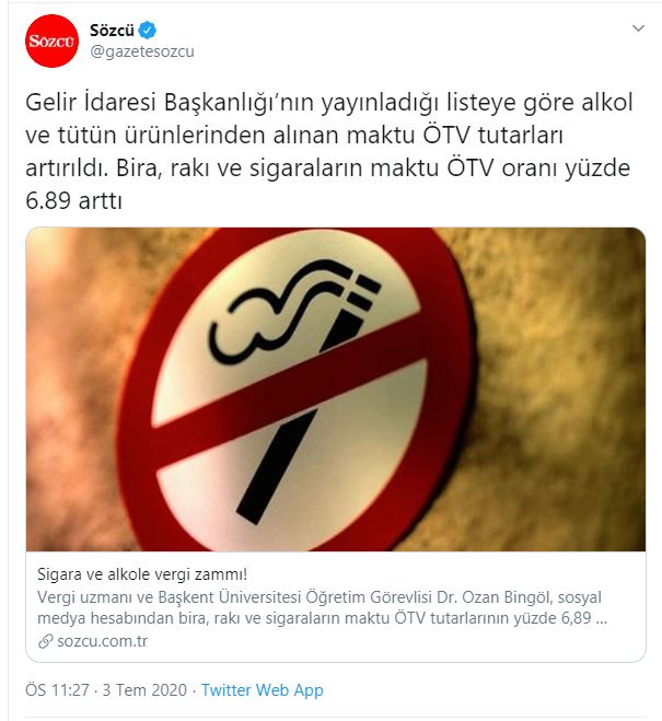 SİGARA VE ALKOLLÜ İÇECEKLER ÖTV TUTARLARI ARTIRILDI TEMMUZ 2020 SÖZCÜ