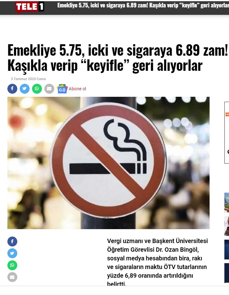 SİGARA VE ALKOLLÜ İÇECEKLER ÖTV TUTARLARI ARTIRILDI TEMMUZ 2020 TELE1