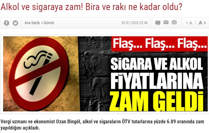 SİGARA VE ALKOLLÜ İÇECEKLER ÖTV TUTARLARI ARTIRILDI TEMMUZ 2020 yeniçağ
